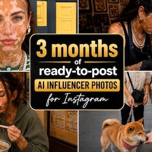 May include: A digital graphic featuring four images of a person with vitiligo in various settings, including eating noodles and walking a dog, with the central text reading 3 months of ready-to-post AI INFLUENCER PHOTOS for Instagram.