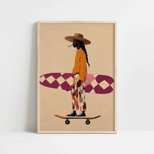 May include: Art print of a person in a straw hat and orange striped shirt, holding a surfboard with a purple and white diamond pattern, standing on a skateboard. The person is wearing colorful pants and black sneakers. The artwork is framed.