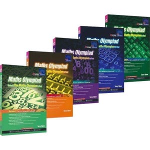 May include: A stack of colorful "Maths Olympiad" books. Each book features a unique design with numbers, calculators, and abacuses. The books are designed to help children develop problem-solving skills. The text "Unleash The Maths Olympian in You!" is visible.