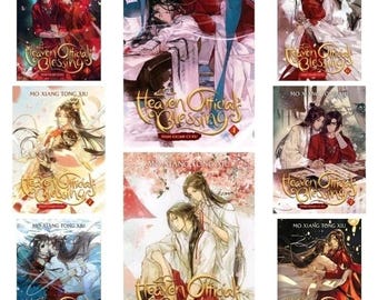 May include: A collection of book covers featuring the title "Heaven Official's Blessing" by Mo Xiang Tong Xiu. The covers showcase illustrations of characters in various poses, with a mix of red, white, and gold color schemes. The book covers have the text "TIAN GUAN CI FU".