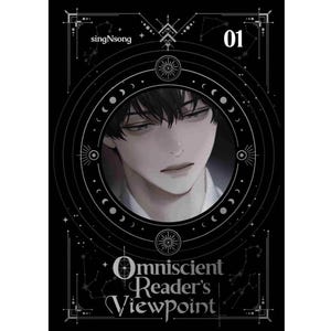 Puede incluir: Portada de libro con una ilustración de un hombre de pelo oscuro y expresión pensativa. El título "Omniscient Reader's Viewpoint" se muestra en tipografía elegante, con el número "01" en la parte superior derecha. El diseño incorpora elementos celestiales y geométricos.