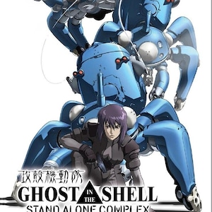 May include: DVD case for "Ghost in the Shell: Stand Alone Complex." The cover features a blue robotic spider-like figure with a woman holding a gun. Text includes the series title, season details, and movie count.