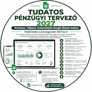 Könnte beinhalten: Eine kreisförmige Infografik für eine Google Sheets-Vorlage zur Finanzplanung 2027. Sie zeigt einen Laptop und ein Smartphone mit einem Finanz-Dashboard inklusive Diagrammen und Daten. Der Text enthält TUDATOS PÉNZÜGYI TERVEZŐ 2027 und listet Funktionen wie automatisierte Nachverfolgung, Budgetverwaltung und Investitionsüberwachung auf Ungarisch auf.