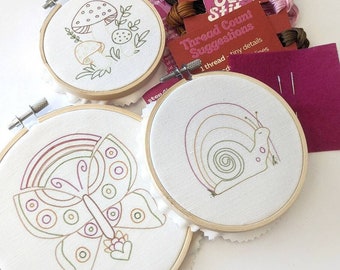 Woodland Embroidery Kit, Modern Embroidery, snail, butterfly, mushrooms Hand Embroidery Craft Kit, DIY Kit