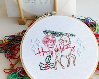 Embroidery Kit, Holiday Deer, Happy Holidays, Vintage Christmas Deer, Hoop Art, Christmas DIY Kit, Christmas Decor, Hand Embroidery