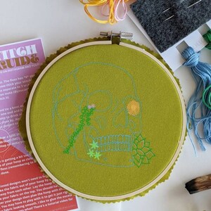 Skull Embroidery Kit, DIY Kit, Halloween Embroidery, Acid Green, Hand Embroidery, Halloween DIY image 2