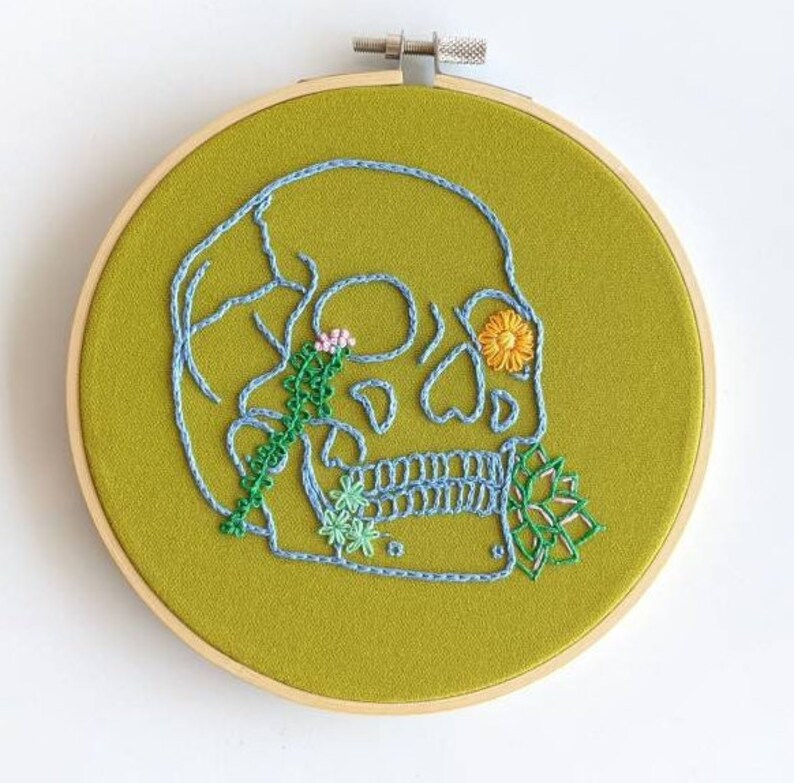 Skull Embroidery Kit, DIY Kit, Halloween Embroidery, Acid Green, Hand Embroidery, Halloween DIY image 3