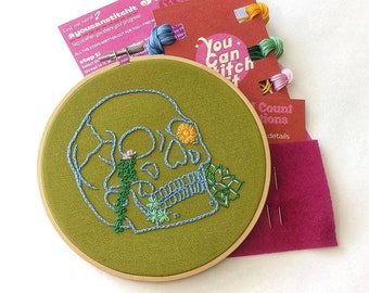 Embroidery Kit, Skull Embroidery, DIY Kit, Dark Cottagecore , Acid Green, Hand Embroidery, Craft Kit