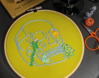 Skull Embroidery Kit, DIY Kit, Halloween Embroidery, Acid Green, Hand Embroidery,  Halloween DIY