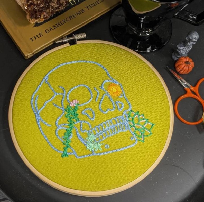 Skull Embroidery Kit, DIY Kit, Halloween Embroidery, Acid Green, Hand Embroidery, Halloween DIY image 1