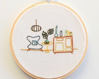 Mid Century Modern Embroidery Kit, Hand-Drawn 5" Hoop Art, DIY Project