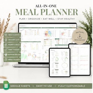 Peut inclure: Un planificateur de repas numérique affiché sur un ordinateur portable, une tablette et un téléphone. L'écran affiche des graphiques et des listes pour la planification des repas, les listes d'épicerie, les recettes et le suivi des habitudes. Le texte indique "ALL-IN-ONE MEAL PLANNER".