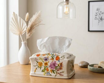 Funda para caja de pañuelos de cerámica floral hecha a mano – Elegante soporte rectangular de porcelana de estilo vintage para decoración de lujo del hogar, tocador y almacenamiento de oficina.