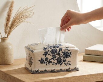 Blue and White Chinoiserie Tissue Box Cover - Ceramic Floral Napkin Holder for Luxury Bathroom Decor, Elegant Porcelain Vanity Accessory