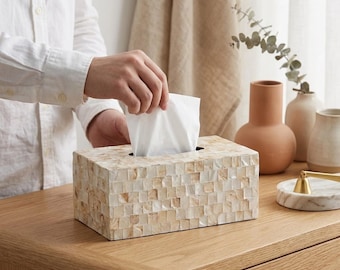 Handmade Natural Shell Tissue Box Cover, Organic Modern Home Decor, Professional High-End Inlay Napkin Holder for Living Room