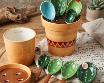 Conjunto de colher e xícara medidoras de cerâmica em formato de cacto | Utensílios de cozinha decorativos feitos à mão | Presente culinário ecológico de qualidade profissional