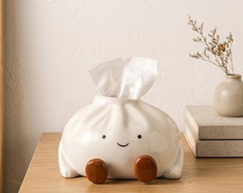 Funda de cerámica para caja de pañuelos con diseño de dumpling - Soporte para pañuelos faciales con forma de bao kawaii, decoración original para escritorio y mesita de noche, regalo divertido para amantes de la comida