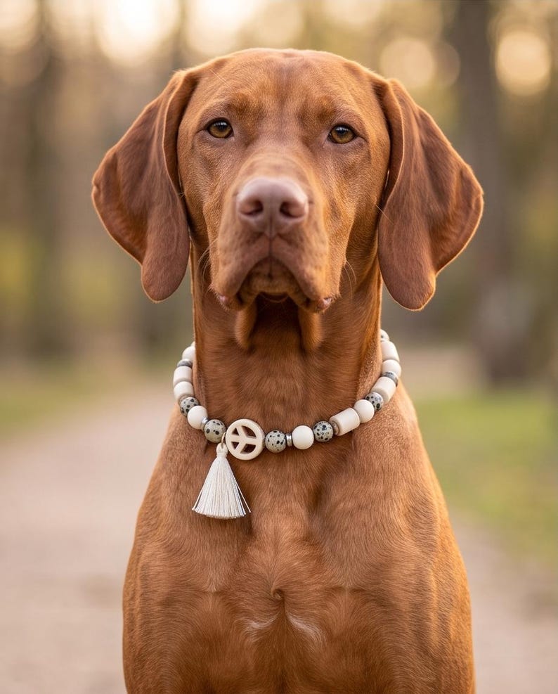 May include: A Vizsla dog wearing a beaded collar featuring white cylindrical beads, speckled grey and white round beads, and a central white peace sign charm with a hanging white fabric tassel. The dog has a smooth, solid copper-colored coat.