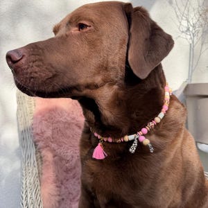 May include: A beaded pet collar featuring a mix of pink, tan, and white beads, accented with leopard print patterns. The collar includes a small pink tassel charm and two short fabric strips with a black and white animal print design.