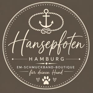 May include: A circular brown logo featuring a white anchor icon encircled by a rope. The text reads Hansepfoten HAMBURG EM-SCHMUCKBAND-BOUTIQUE f&uuml;r deinen Hund, accompanied by a central paw print graphic and two small heart symbols at the bottom.