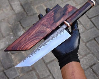 Handgesmeed stalen koksmes, Japanse stijl, houten handvat en schede