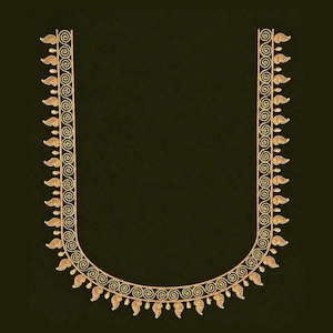 May include: A gold-colored embroidered design in a U-shape, featuring a repeating pattern of spirals and leaf-like shapes. The design is set against a dark green background, creating a contrast that highlights the intricate details of the embroidery.