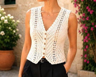 Crochet Vest Pattern PDF For Women Sleeveless V-Neck Cardigan Front Crochet Vest Boho Summer Vest Instant Download Lace Button Tank Top