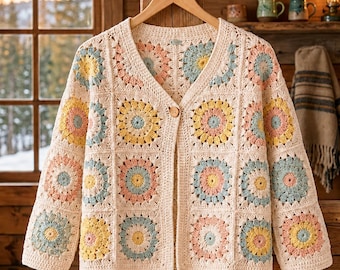 Crochet Cardigan Pattern For Women Summer Circles Jacket Granny Square crochet cardigan guide  Sweater PDF Women DIY Pattern Boho Cardigan