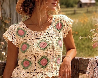 Crochet Top Pattern For Women Floral Granny Square Cap Sleeve Blouse Cottage core Boho crochet blouse women crochet pattern(PDF Download).