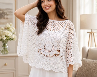 Elegant Luxury Crochet Poncho Pattern For Women Crochet Patterns Lacy Summer Top White Beach Cover Up & Dress Style Modern Crochet Clothing