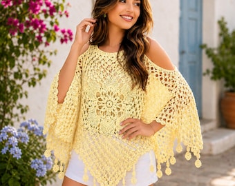 Elegant Lace Cover Up Pattern For Women Boho Crochet Poncho Pattern Lace Mandala Cover-Up Crochet Summer Beach Poncho Tutorial Floral Top