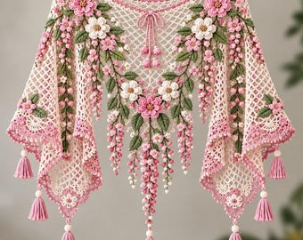 Golden Blossom Crochet Shawl Pattern For Women Lace Floral Wrap with 3D Flowers (PDF Pattern) DIY Pattern handmade shawl DIY Crochet