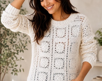 Crochet Pattern For Women Isla Granny Square Sweater by Yarnique Pattern