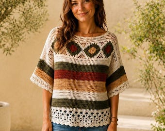 Crochet Top Pattern PDF For Women Down Shoulder Summer Top Striped Boho Crochet Shirt Women’s Mesh Tee Digital Download