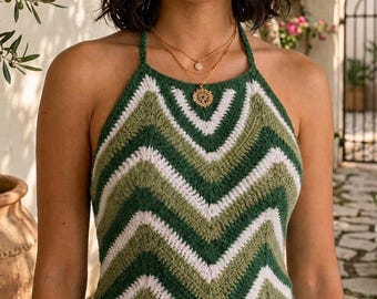 Green Halter Top Crochet Pattern PDF For Women Summer Crop Top | XS/S, M, L, XL, 2/3XL, 4/5XL Inclusive, Beginner Friendly  Boho Striped Top
