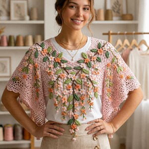 May include: A light pink crochet shawl with floral embellishments. The shawl features a delicate openwork design and is adorned with green leaves and peach-colored flowers. The shawl is worn over a white t-shirt and tan skirt.