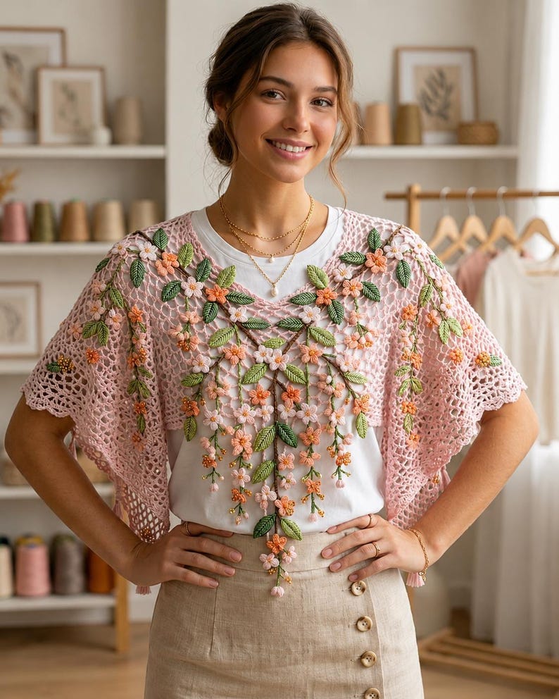 May include: A light pink crochet shawl with floral embellishments. The shawl features a delicate openwork design and is adorned with green leaves and peach-colored flowers. The shawl is worn over a white t-shirt and tan skirt.