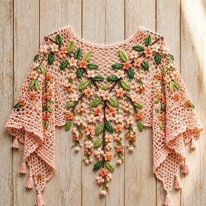 May include: A light pink crocheted shawl with floral embellishments. The shawl features a delicate openwork design, adorned with clusters of peach and white flowers, green leaves, and small tassels at the edges. The floral details cascade down the front.