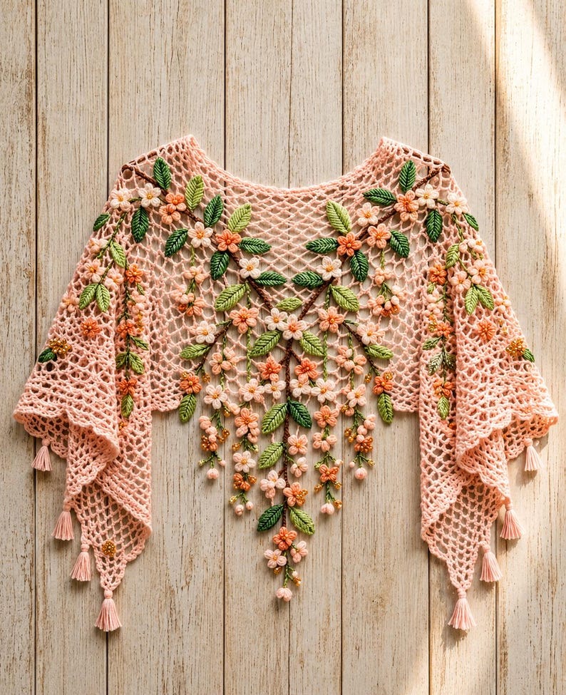 May include: A light pink crocheted shawl with floral embellishments. The shawl features a delicate openwork design, adorned with clusters of peach and white flowers, green leaves, and small tassels at the edges. The floral details cascade down the front.