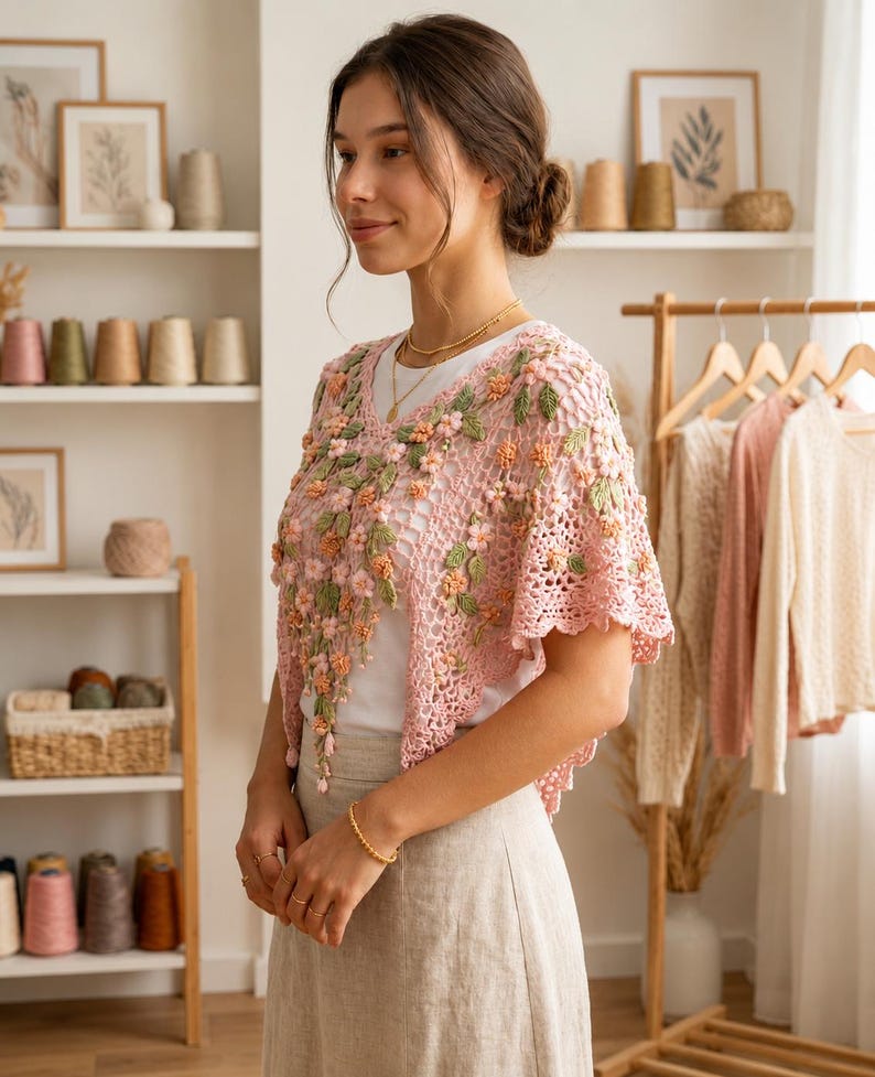 May include: A pink crocheted shawl with floral embellishments. The shawl features a delicate openwork design and is adorned with three-dimensional flowers and green leaves. The garment is worn over a white top and paired with a beige skirt.