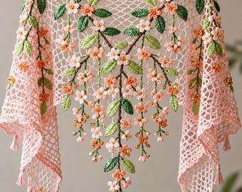 Golden Blossom Crochet Shawl Pattern For Women Lace Floral Wrap with 3D Flowers (PDF Pattern) DIY Pattern handmade pattern