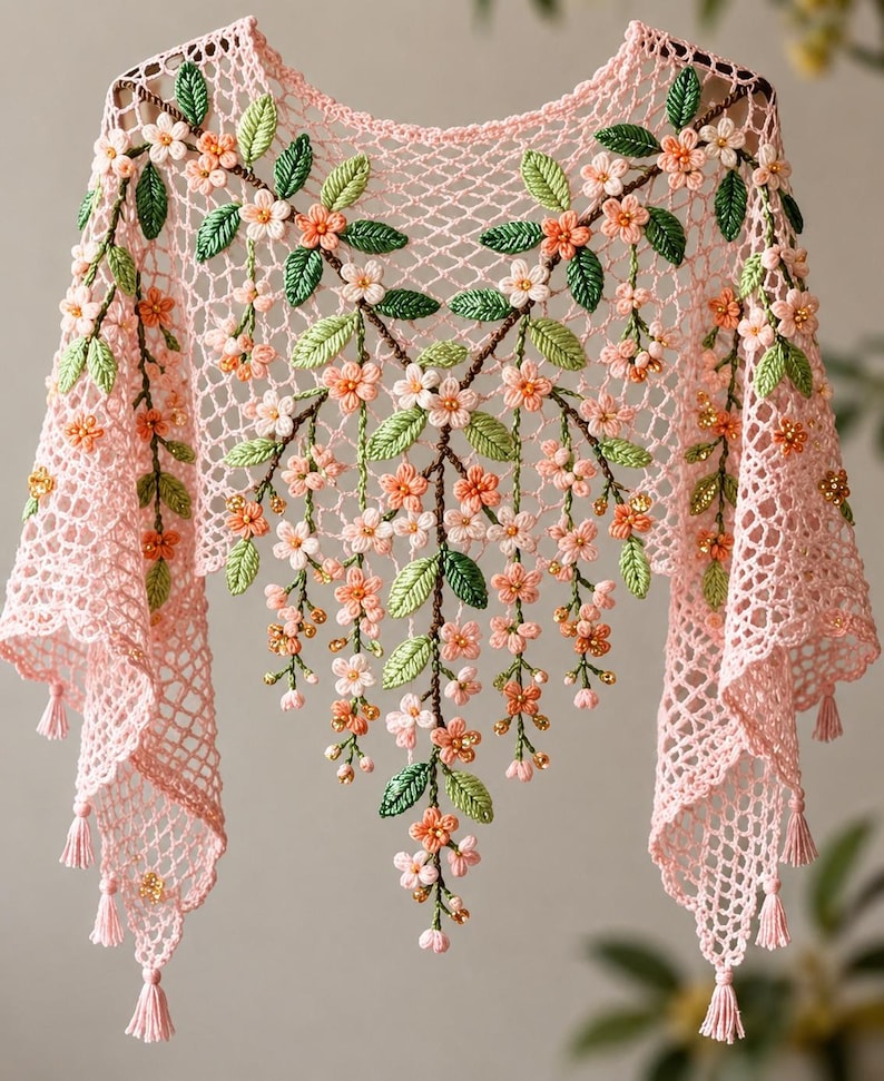 May include: A delicate, light pink crocheted shawl adorned with embroidered floral and leaf details. The shawl features cascading branches with peach and white flowers, green leaves, and small gold beads. Tassels hang from the edges.