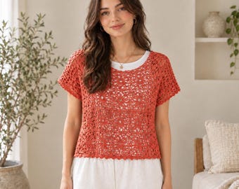 Floral Lace Crochet Top Pattern For  Women Summer Crochet Blouse Short Sleeve Mesh Crochet Instant Download Diy Pattern handmade Pattern