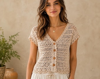 Crochet Button-Up Top Pattern For Women V-Neck Summer Cardigan PDF  Women's Summer Crochet Shirt Pattern (Beginner Friendly) DIY Gift