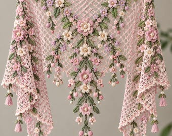 Golden Blossom Crochet Shawl Pattern For Women Lace Floral Wrap with 3D Flowers (PDF Pattern) Latest Design DIY Pattern handmade shawl
