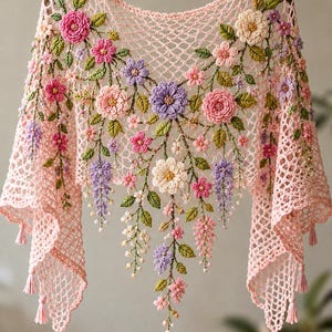 Può includere: Uno scialle all'uncinetto rosa chiaro caratterizzato da un intricato motivo a rete traforata e delicate nappe lungo i bordi. Il capo è decorato con motivi floreali ricamati nei toni del rosa, viola e bianco, accentuati da foglie verdi.