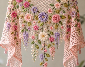 Golden Blossom Crochet Shawl Pattern For Women Lace Floral Wrap with 3D Flowers (PDF Pattern) DIY Pattern handmade shawl DIY Crochet