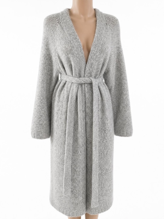 Handmade Gray Alpaca Merino Blend Long Cardigan with Belt – Italian Yarn