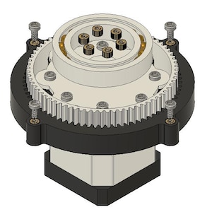 Op de afbeelding: Een mechanische assemblage met een centrale witte cilindrische behuizing met zes kleine donkere ronde componenten, gemonteerd op een zwarte basis met een grote tandwielring. De structuur is bevestigd met meerdere zilveren inbusbouten.