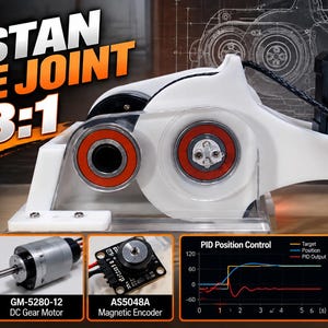 May include: A white 3D-printed DIY capstan drive joint mechanism featuring a 3:1 gear ratio, two ball bearings, and a digital inclinometer displaying 0.50 degrees. The assembly includes a GM-5280-12 motor and an AS5048A magnetic encoder for PID position control.